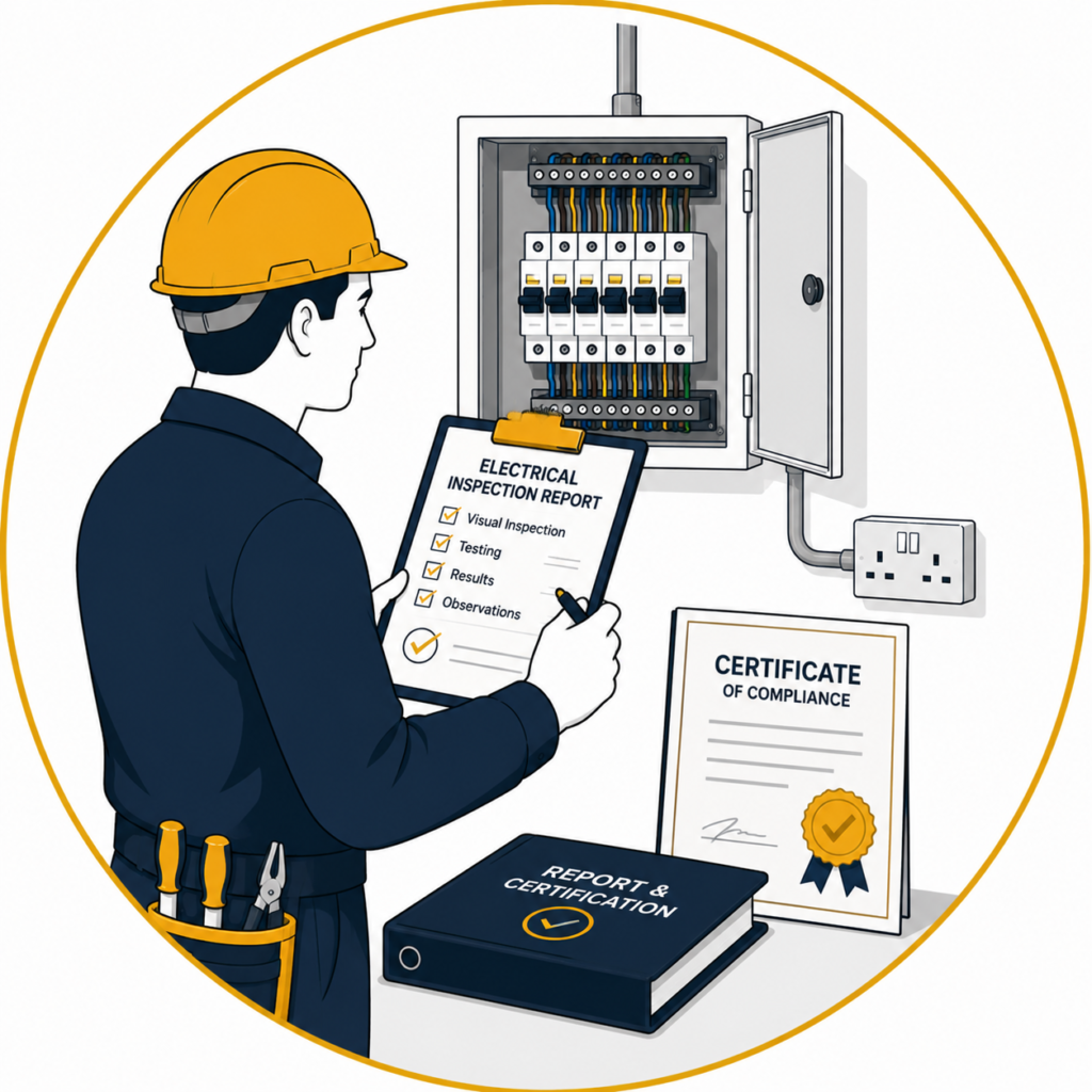 Minimalist flat vector illustration of a professional electrician preparing an electrical inspection report and certification after testing a consumer unit, with a certified compliance document, inspection checklist, neatly organised electrical wiring, toolbox, and power outlet inside a thin gold circular outline on a clean white background, representing report and certification services.