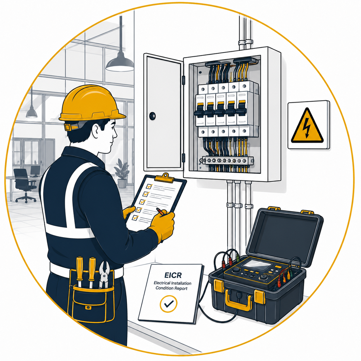 Minimalist flat vector illustration of a professional electrician carrying out a commercial EICR inspection on an open three-phase distribution board using a professional electrical installation condition report (EICR) tester and inspection checklist, with neatly organised wiring, commercial electrical panel, safety warning sign, and testing equipment inside a thin gold circular outline on a clean white background, representing Commercial EICR services.