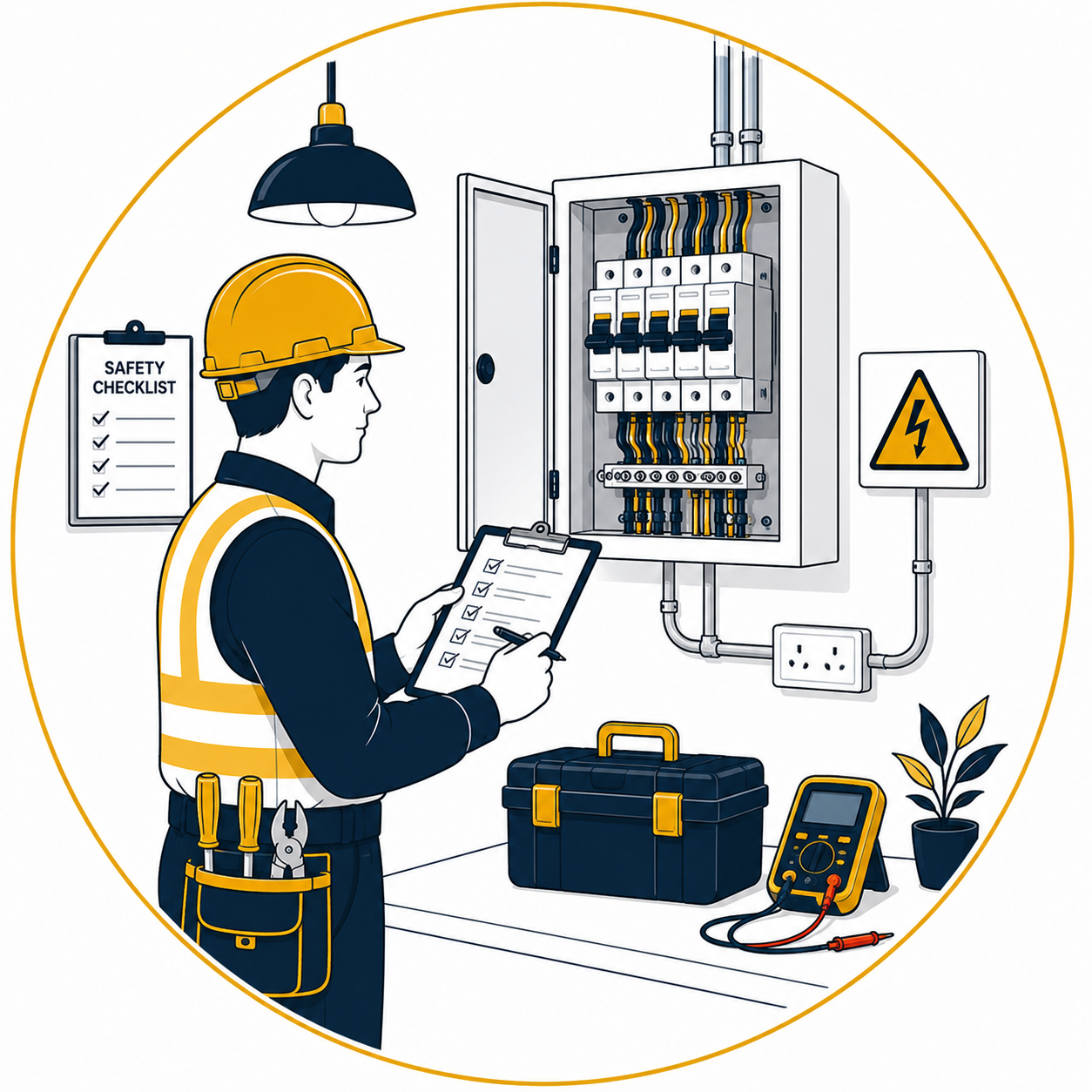 Minimalist flat vector illustration of a professional electrician carrying out an electrical safety inspection on an open consumer unit using a detailed inspection checklist and digital multimeter, with neatly organised wiring, electrical warning sign, toolbox, and safety equipment inside a thin gold circular outline on a clean white background, representing electrical safety inspection services.