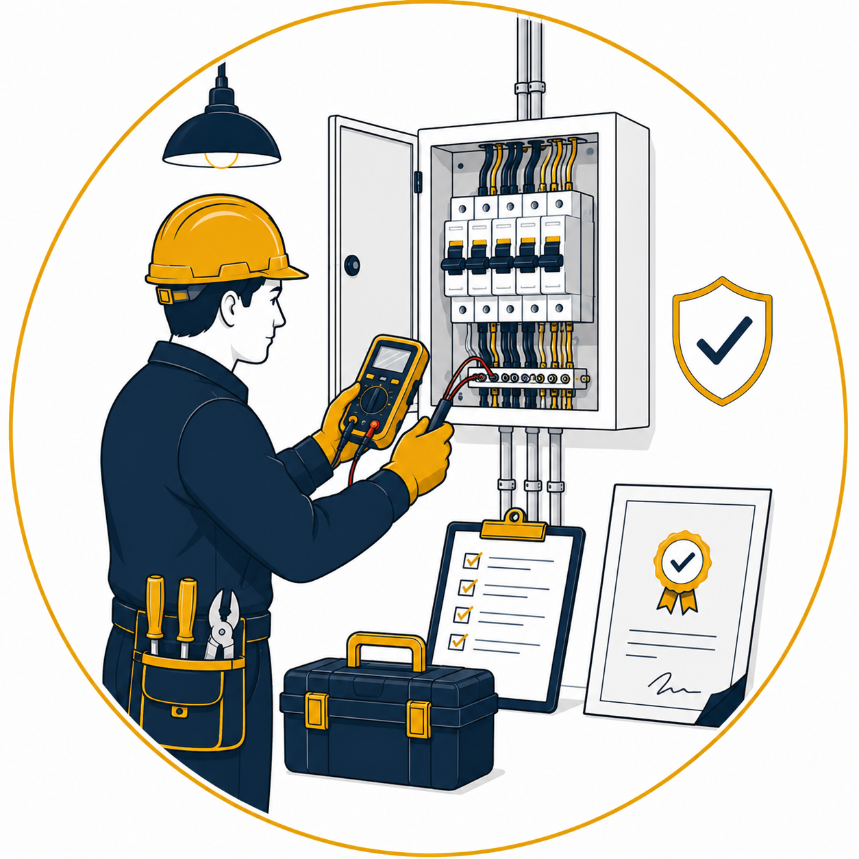 Minimalist flat vector illustration of a professional electrician performing electrical testing, inspection, and certification on an open consumer unit using a digital multifunction tester, with an inspection checklist, certification document, toolbox, safety approval shield, and neatly organised electrical wiring inside a thin gold circular outline on a clean white background, representing testing, inspection, and certification services.