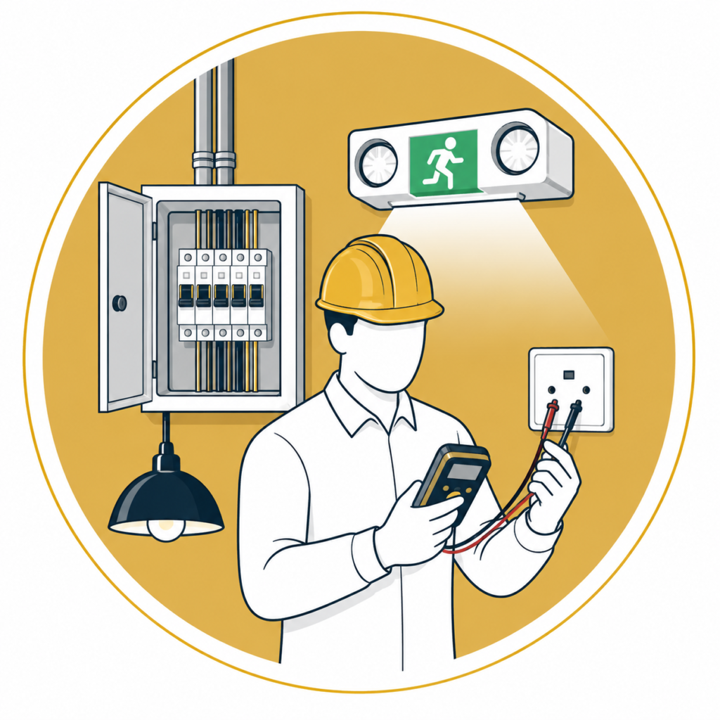 Minimalist flat vector illustration of a professional electrician carrying out emergency lighting testing using a digital tester, with an illuminated emergency exit light, open consumer unit, electrical outlet, overhead lighting, and neatly organised wiring on a mustard-gold circular background, representing emergency lighting testing services.