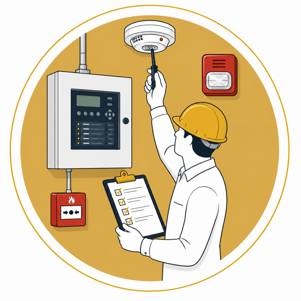 Minimalist flat vector illustration of a professional electrician carrying out fire alarm testing using a fire alarm control panel and smoke detector tester, with a manual call point, alarm sounder, inspection checklist, and safety equipment on a mustard-gold circular background, representing fire alarm testing services.