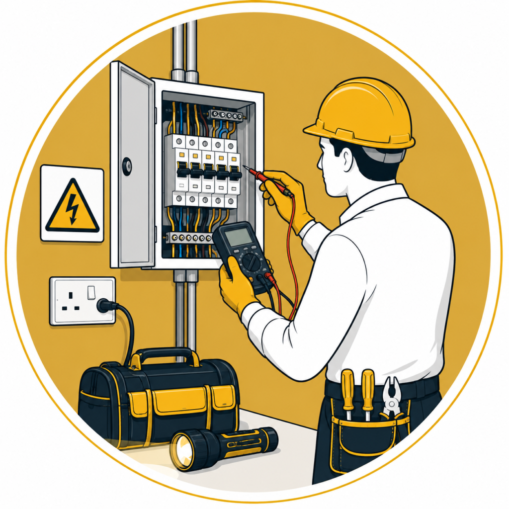 Minimalist flat vector illustration of a professional electrician carrying out electrical fault finding using a digital multimeter to diagnose faults in an open consumer unit, with warning sign, electrical outlet, toolbox, flashlight, and neatly organised wiring on a mustard-gold circular background, representing electrical fault finding services.