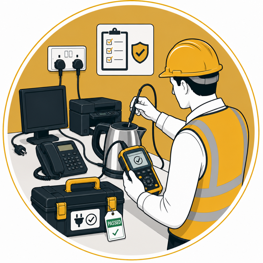 Minimalist flat vector illustration of a professional electrician carrying out Portable Appliance Testing (PAT) on office electrical equipment using a PAT tester, with a kettle, computer, telephone, printer, toolbox, passed safety tag, inspection checklist, and electrical outlets on a mustard-gold circular background, representing PAT testing services.