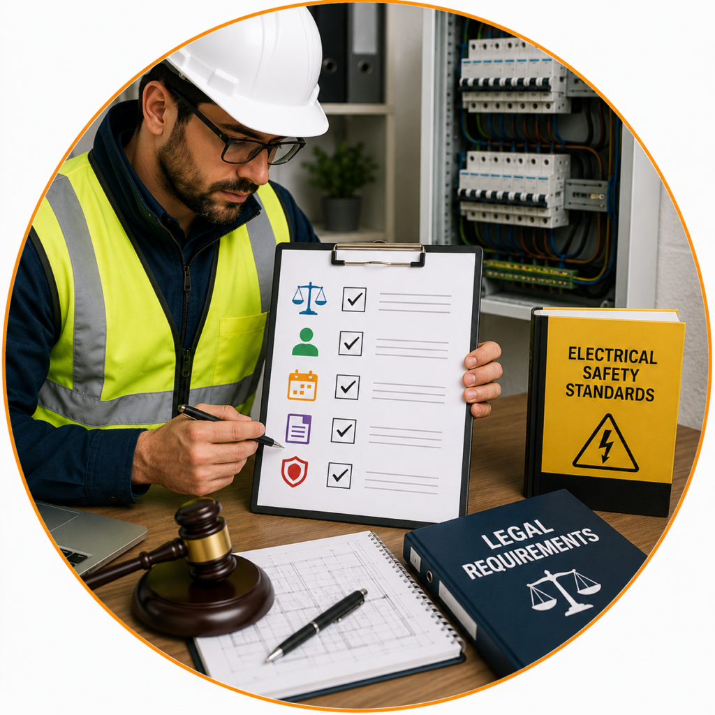 Professional electrician explaining the Legal Requirements for EICR while reviewing an Electrical Installation Condition Report.