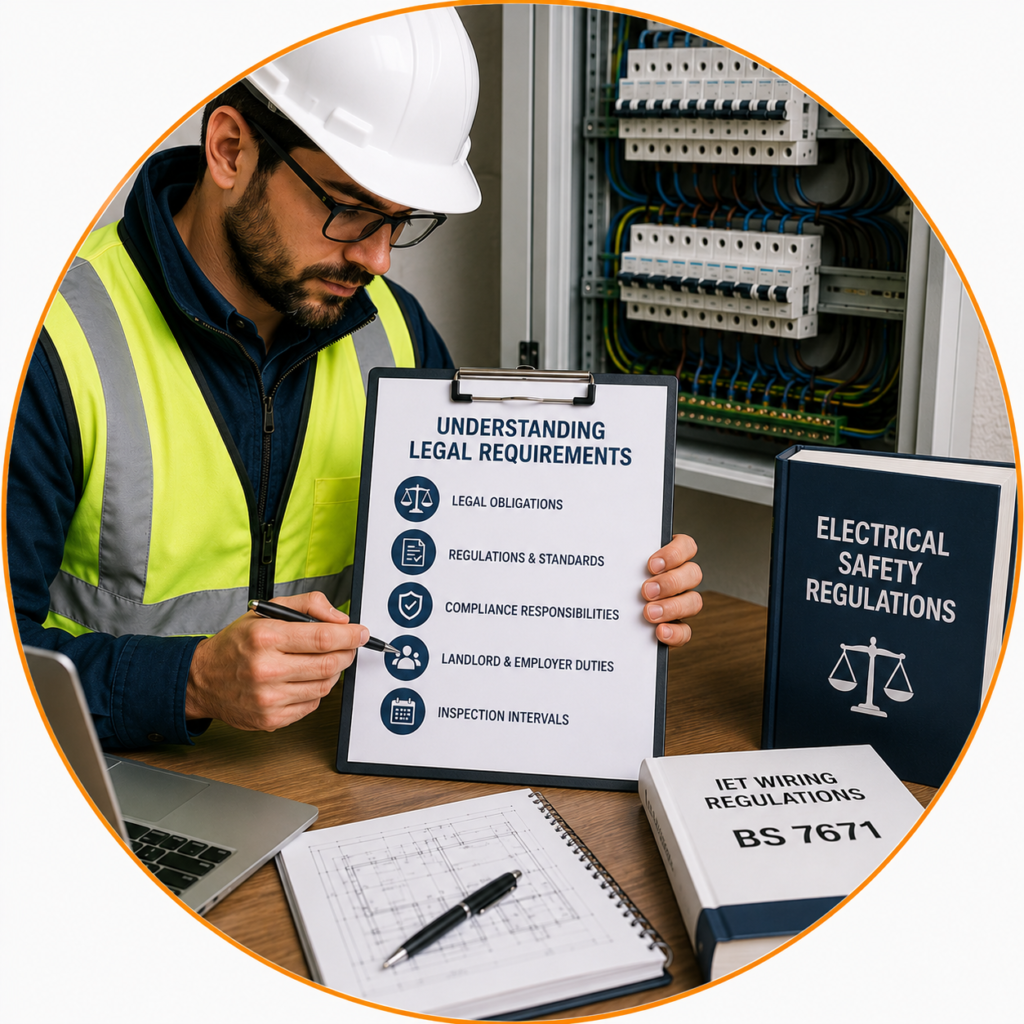 Professional electrician explaining the Legal Requirements for EICR using an Electrical Installation Condition Report.