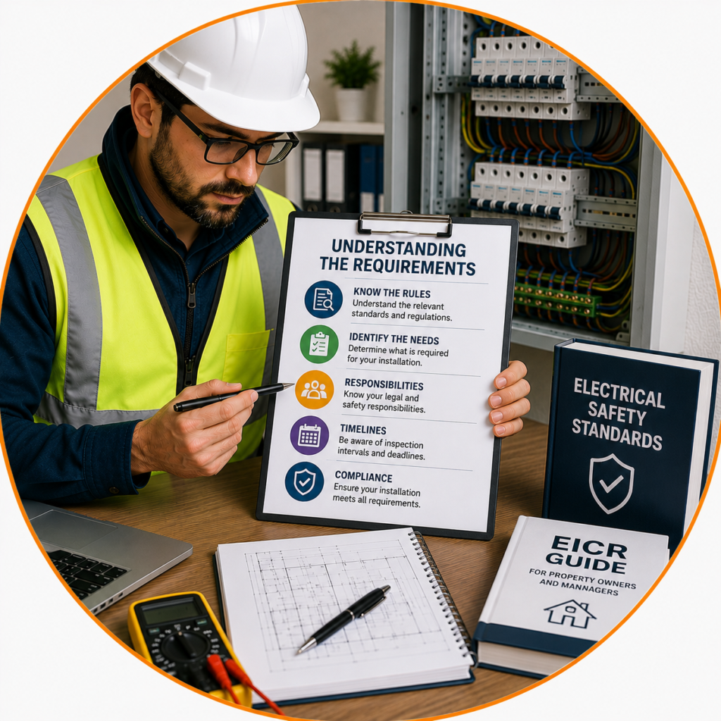 
Professional electrician explaining the Legal Requirements for EICR and current UK electrical safety regulations.