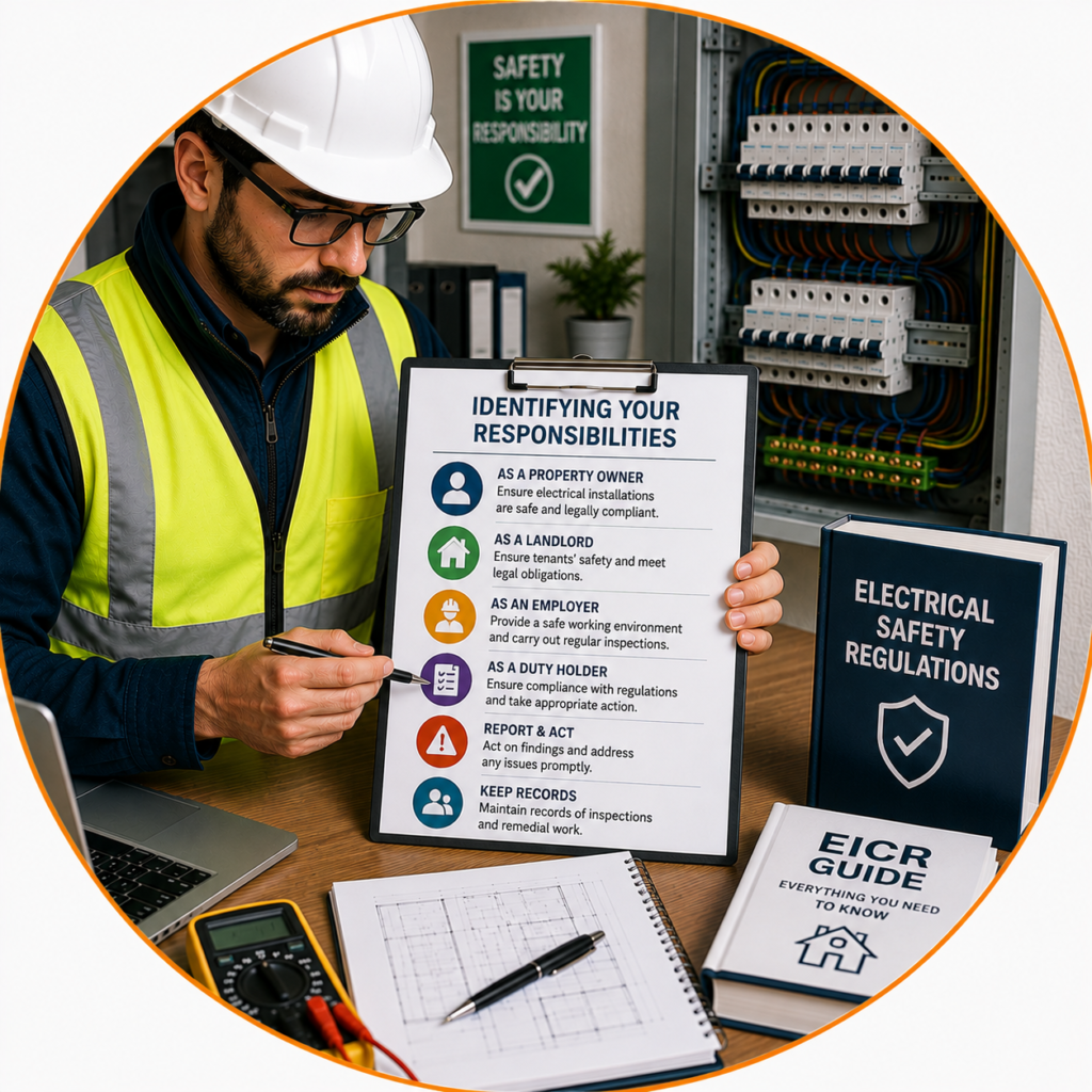 Qualified electrician outlining landlord, homeowner and business responsibilities under the Legal Requirements for EICR.