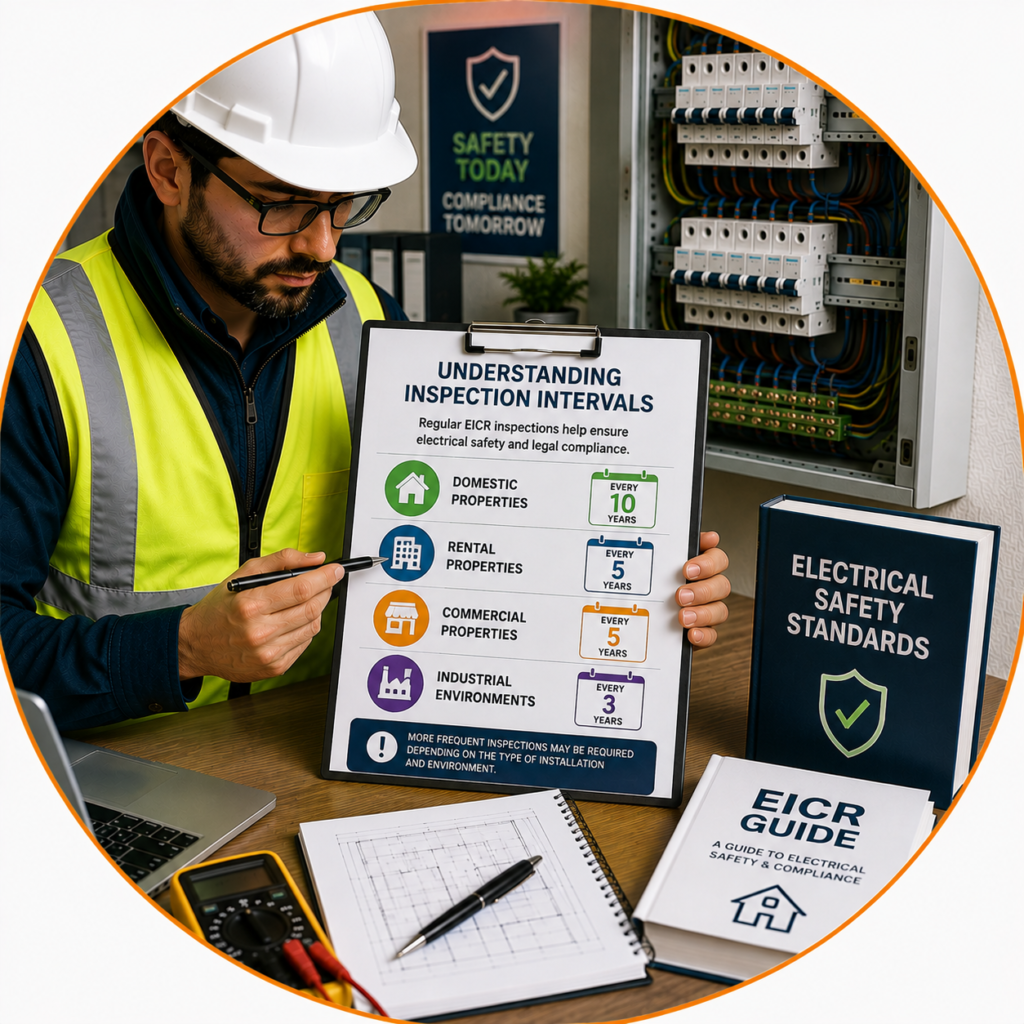 Electrician explaining recommended EICR inspection intervals for residential, rental and commercial properties.
