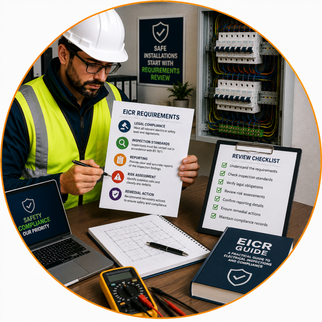 Professional electrician reviewing Legal Requirements for EICR and property-specific electrical safety obligations.