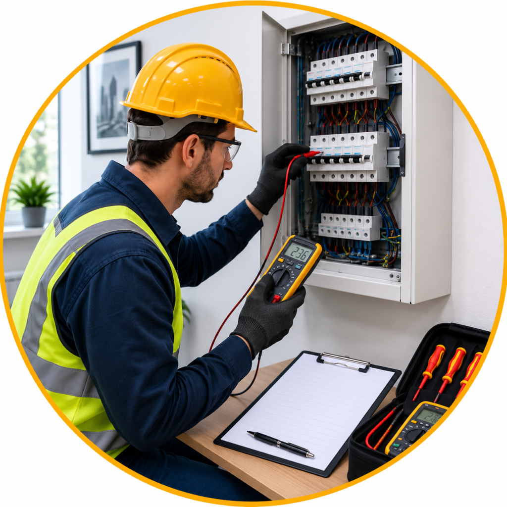 Professional Commercial EICR Cost Manchester electrician inspecting a commercial consumer unit while assessing electrical installations to provide an accurate EICR cost estimate for business premises.