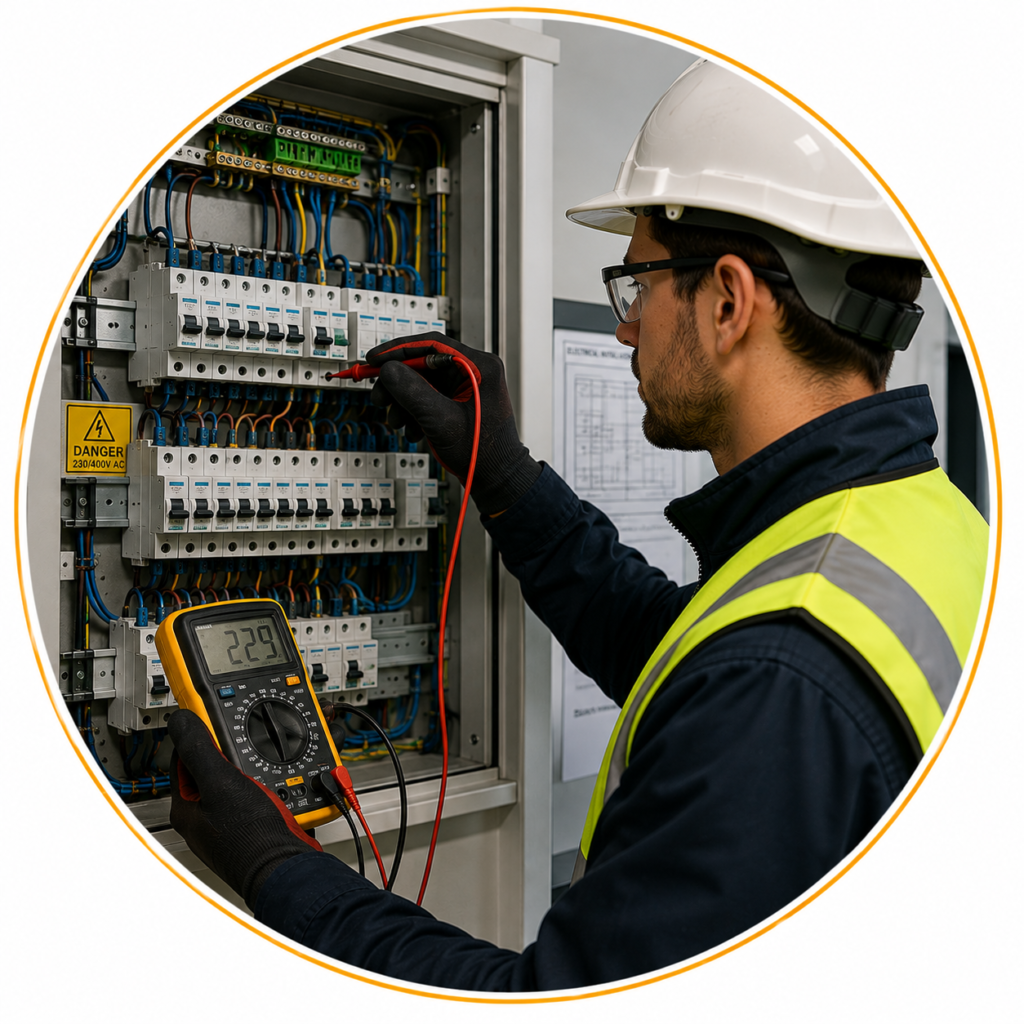 Qualified electrician inspecting commercial electrical circuits and distribution boards for Commercial EICR Cost Manchester.