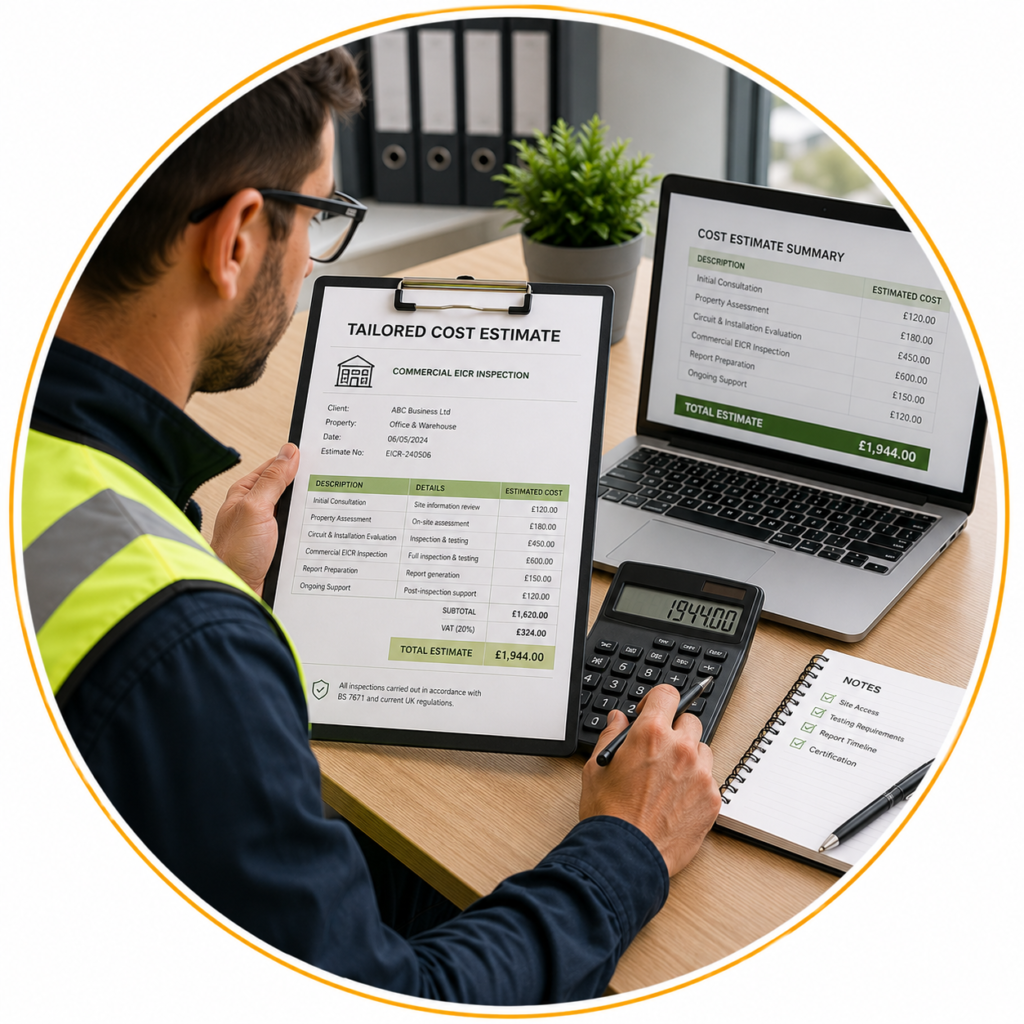 Electrician preparing a tailored Commercial EICR Cost Manchester estimate based on the property's electrical installation.