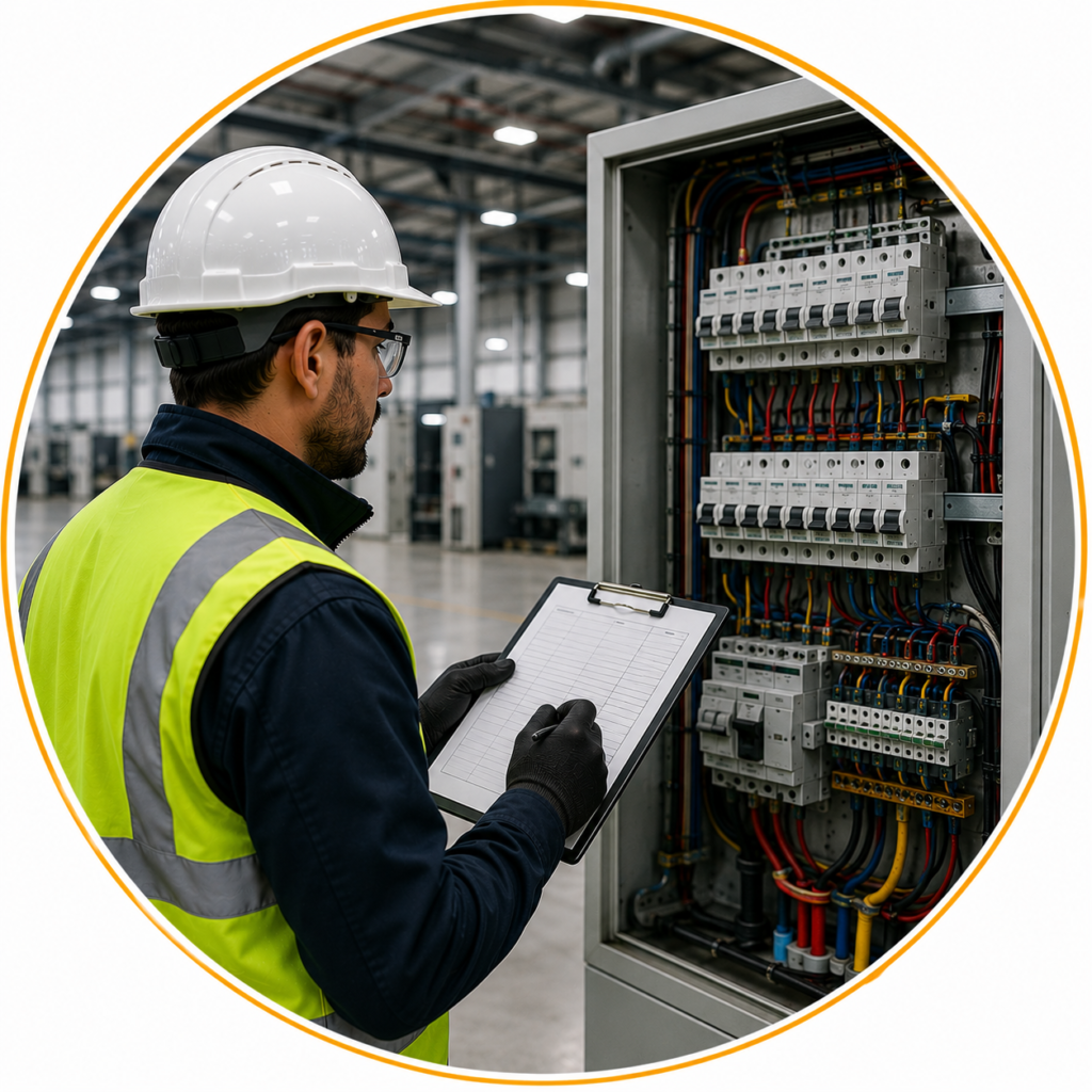 Professional electrician carrying out a commercial electrical assessment for Commercial EICR Cost Manchester.