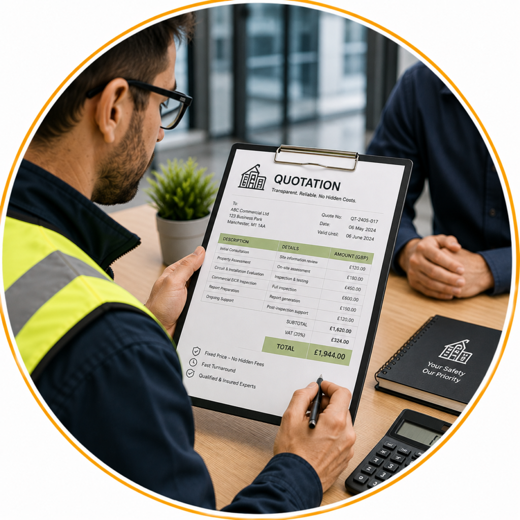 Electrician presenting a transparent Commercial EICR Cost Manchester quotation with detailed inspection pricing.