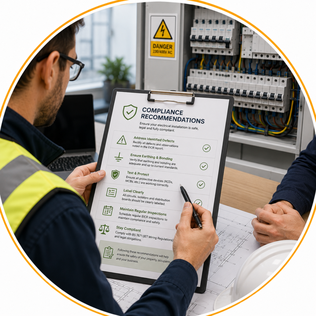 Electrician providing Commercial EICR Cost Manchester compliance recommendations following an electrical assessment.