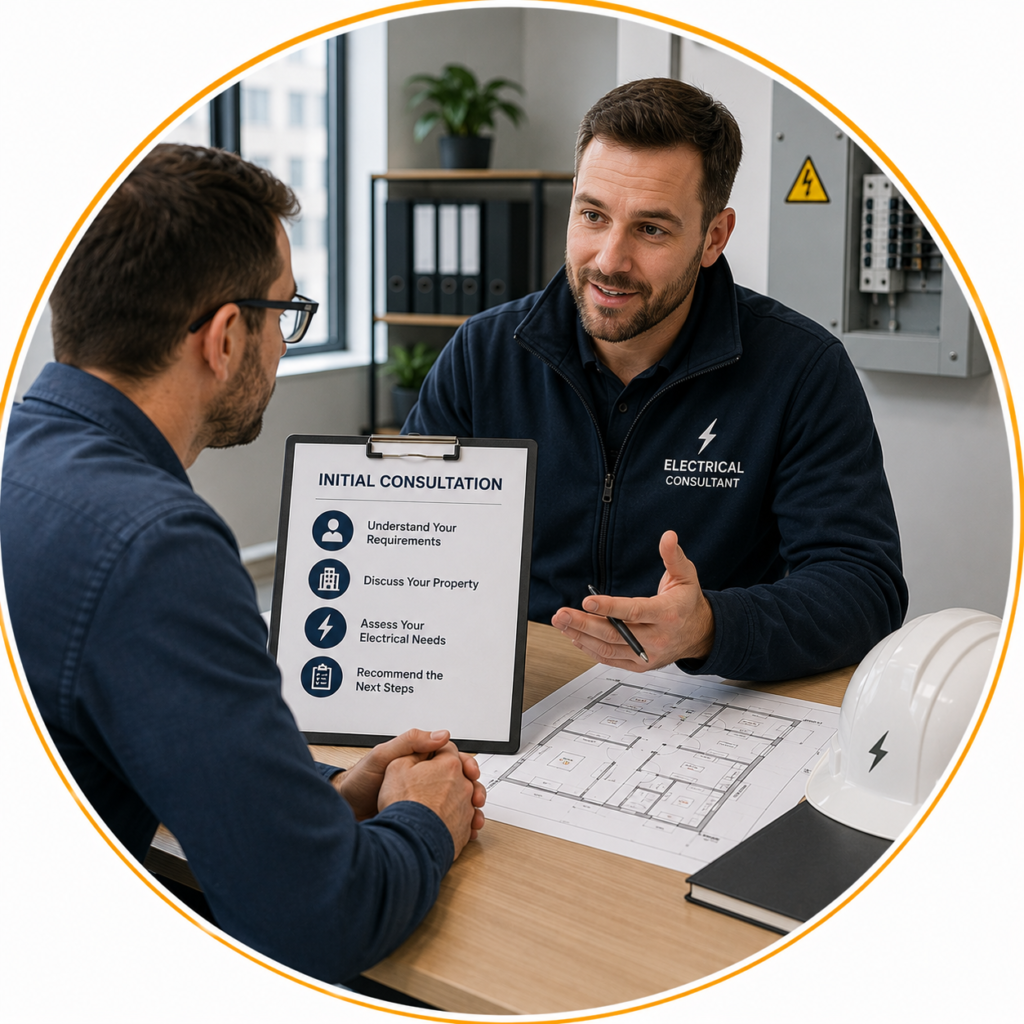 Consultant discussing Commercial EICR Cost Manchester requirements with a business owner during an initial consultation.