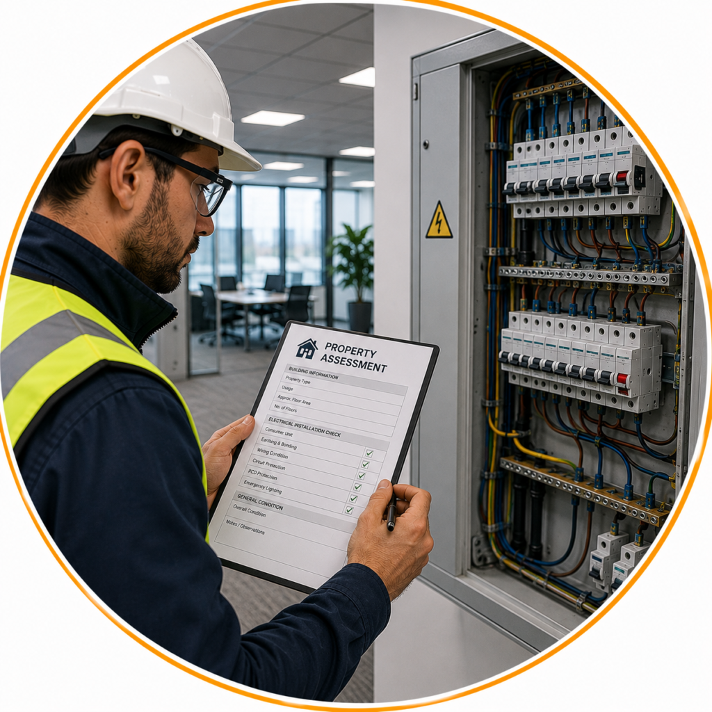 Electrician carrying out a commercial property assessment for an accurate Commercial EICR Cost Manchester quotation.