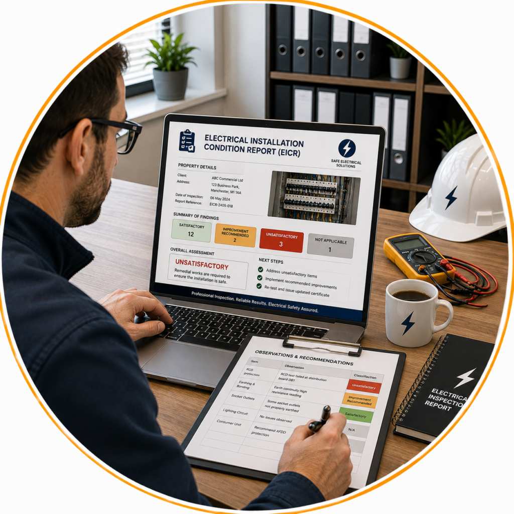Electrician preparing a Commercial EICR report after completing electrical inspection and testing in Manchester.