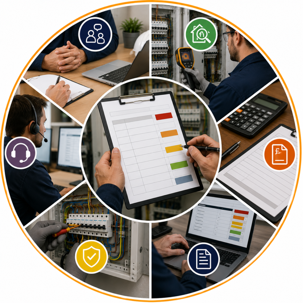EICR Codes Explained infographic showing C1, C2, C3 and FI code classifications, electrical inspection checklist, consumer unit testing, and BS 7671 electrical safety assessment.