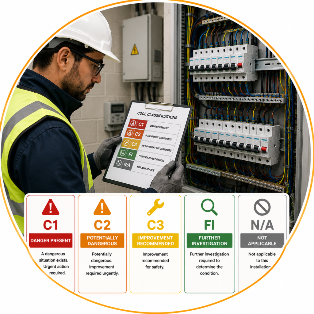 Electrician checking C1, C2 and C3 EICR code classifications
