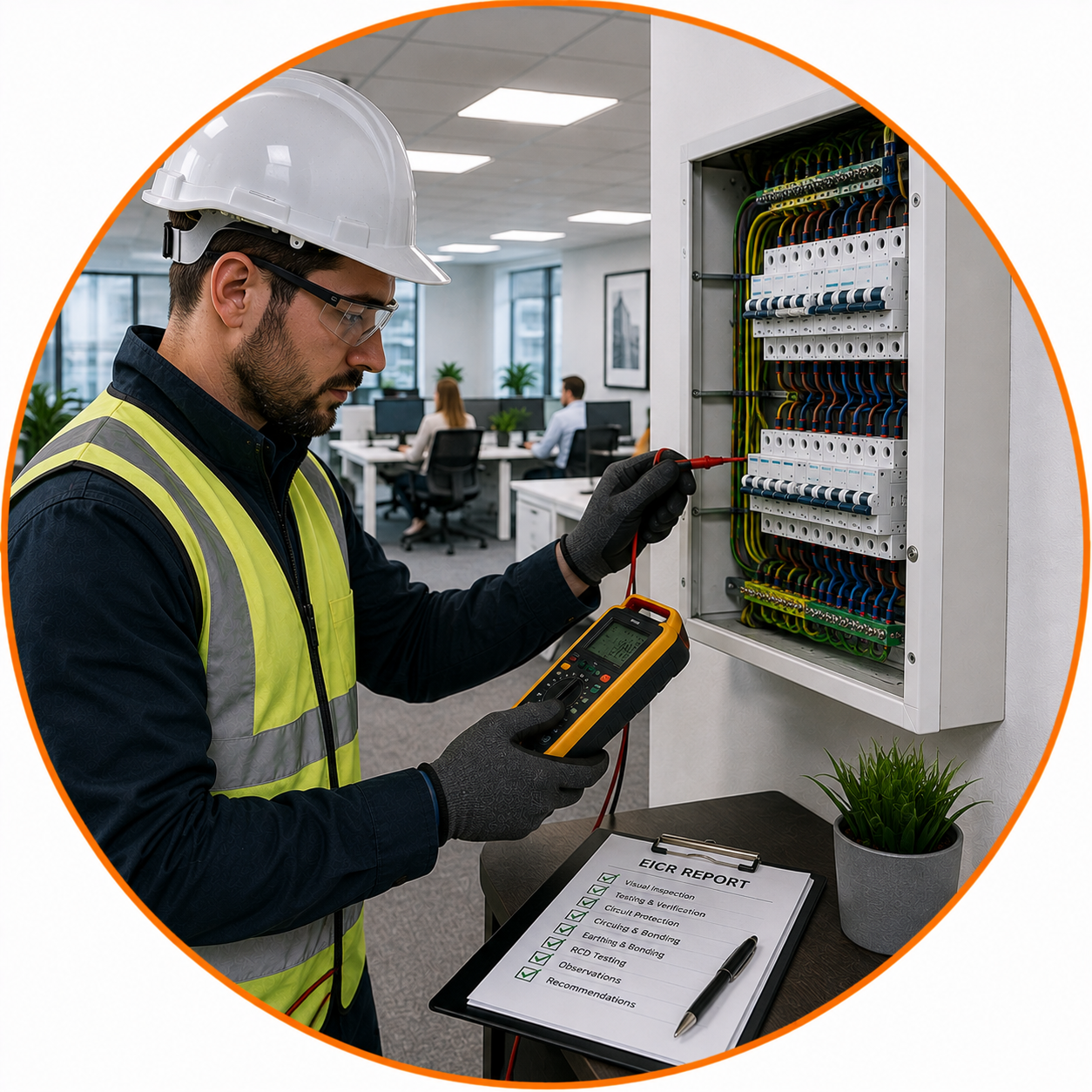 Professional electrician carrying out an Office EICR inspection as part of our Commercial Property EICR Manchester services in a commercial office building.