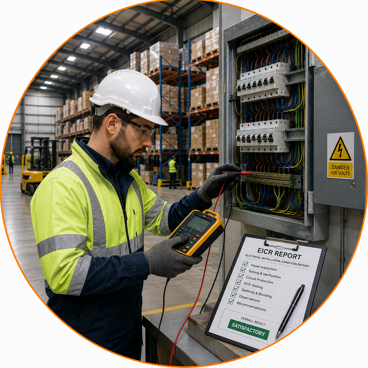 Qualified electrician performing a Warehouse EICR inspection on a commercial electrical installation.