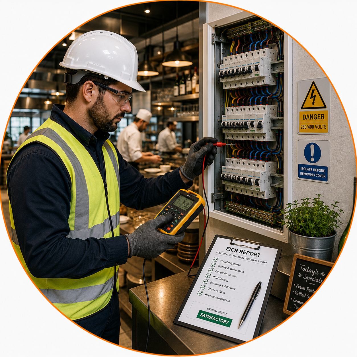 
Commercial electrician conducting a Factory EICR inspection in an industrial facility.