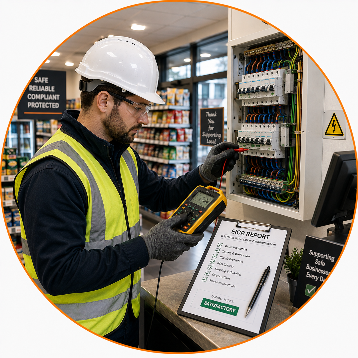 Qualified electrician carrying out a Retail Shop EICR inspection in a commercial retail store.