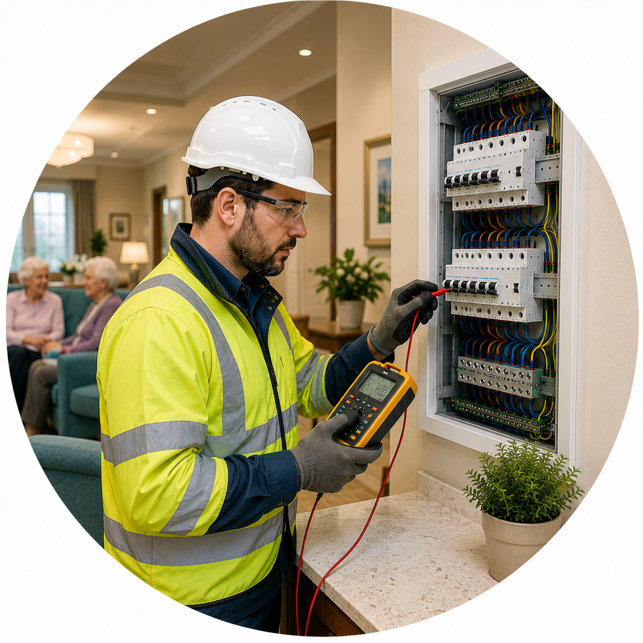 Qualified electrician carrying out a Care Home EICR inspection for electrical safety and compliance.