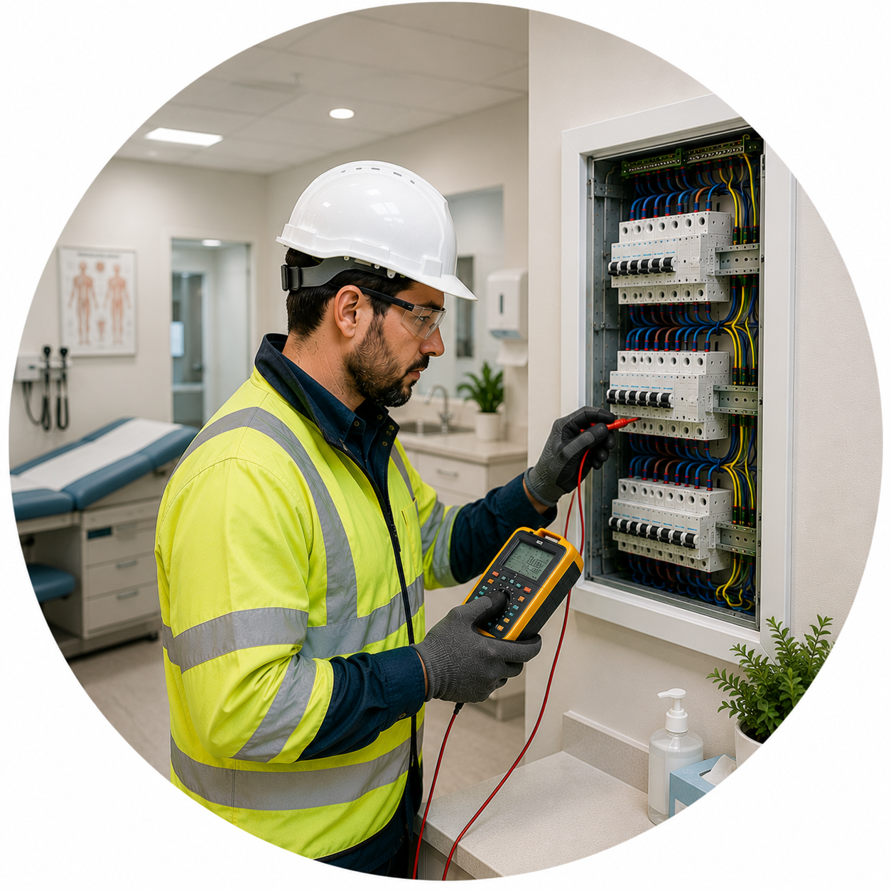 Commercial electrician performing a Medical Clinic EICR inspection in a healthcare facility.
