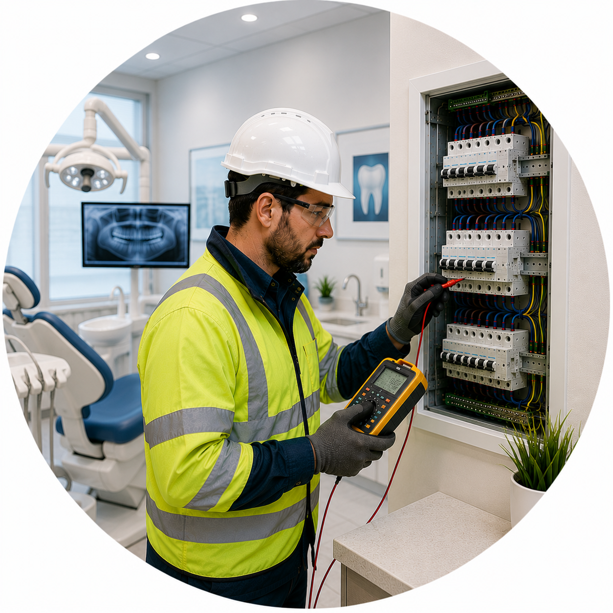 Professional electrician carrying out a Dental Practice EICR inspection for safe and compliant electrical installations.