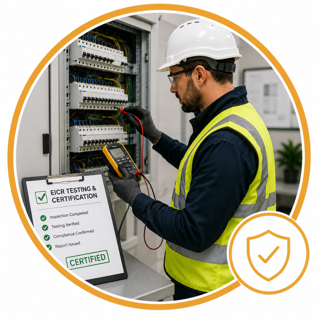 Commercial electrician carrying out a commercial electrical inspection on a distribution board in Manchester.