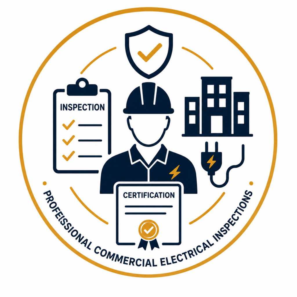 Professional Commercial Electrical Inspections icon featuring an electrician, inspection checklist, certification document, commercial building and safety shield in a modern circular vector design.