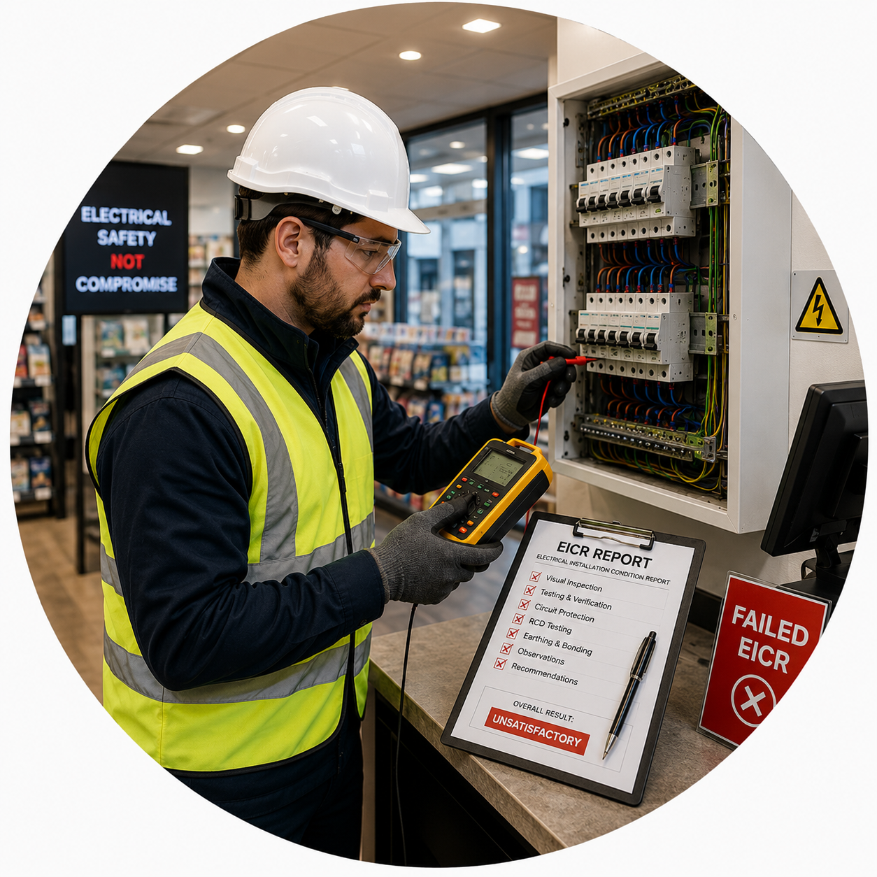 Electrician explaining a failed EICR as part of Commercial EICR Problems Manchester services.