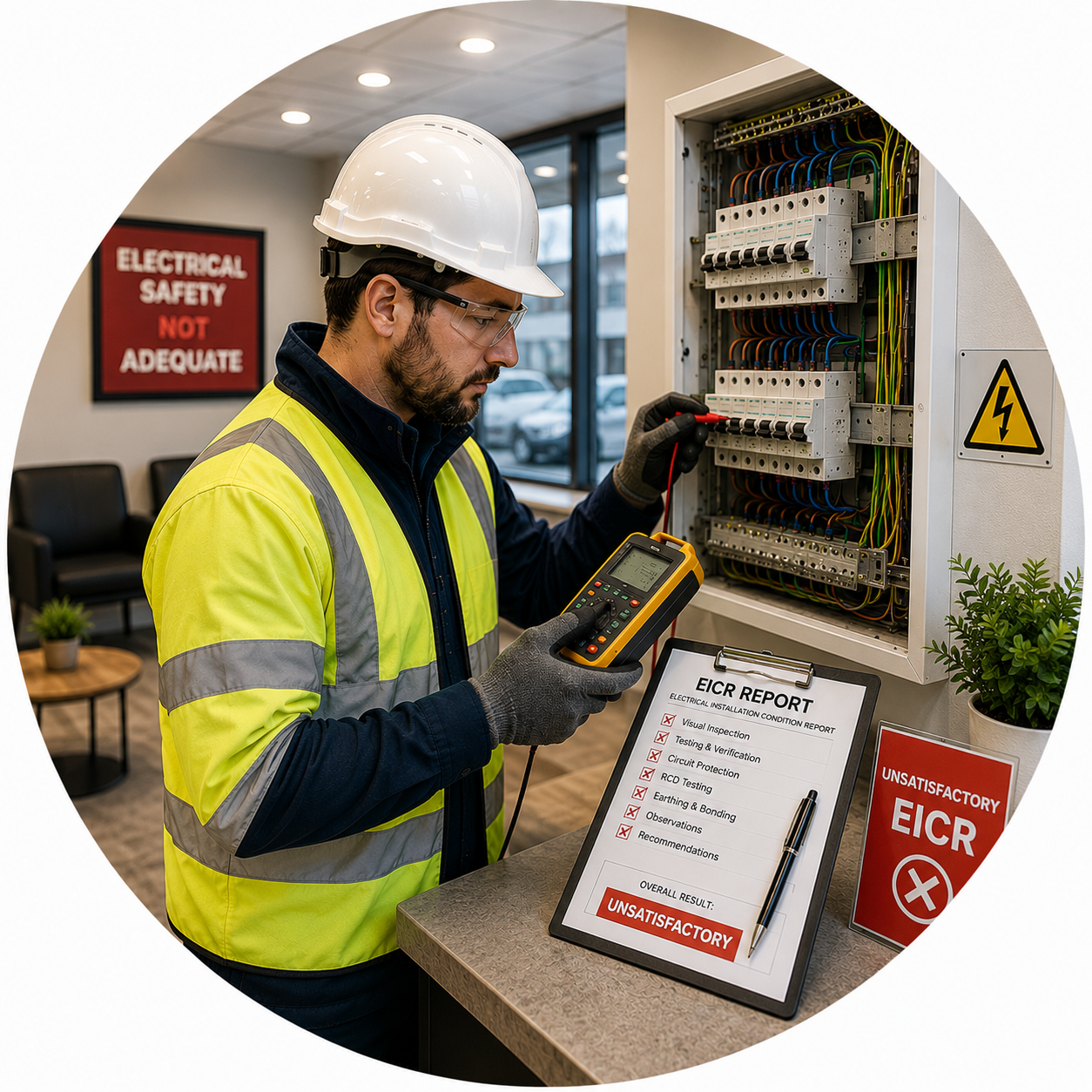 Qualified electrician reviewing an unsatisfactory EICR during a Commercial EICR Problems Manchester inspection.
