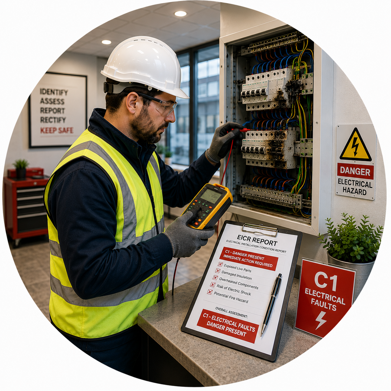 Commercial electrician identifying C1 electrical faults during a Commercial EICR Problems Manchester inspection.