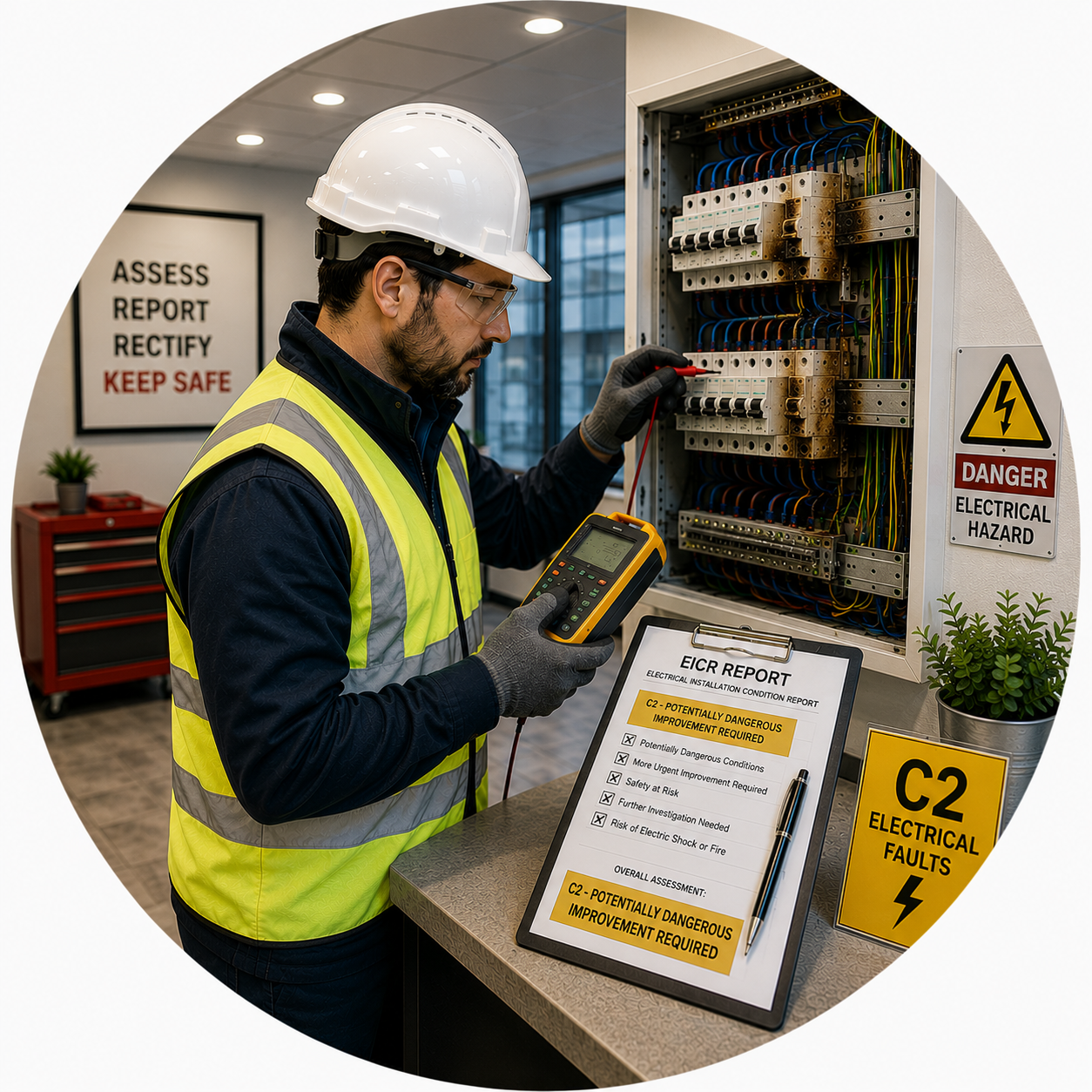 Professional electrician assessing C2 electrical faults for Commercial EICR Problems Manchester services.