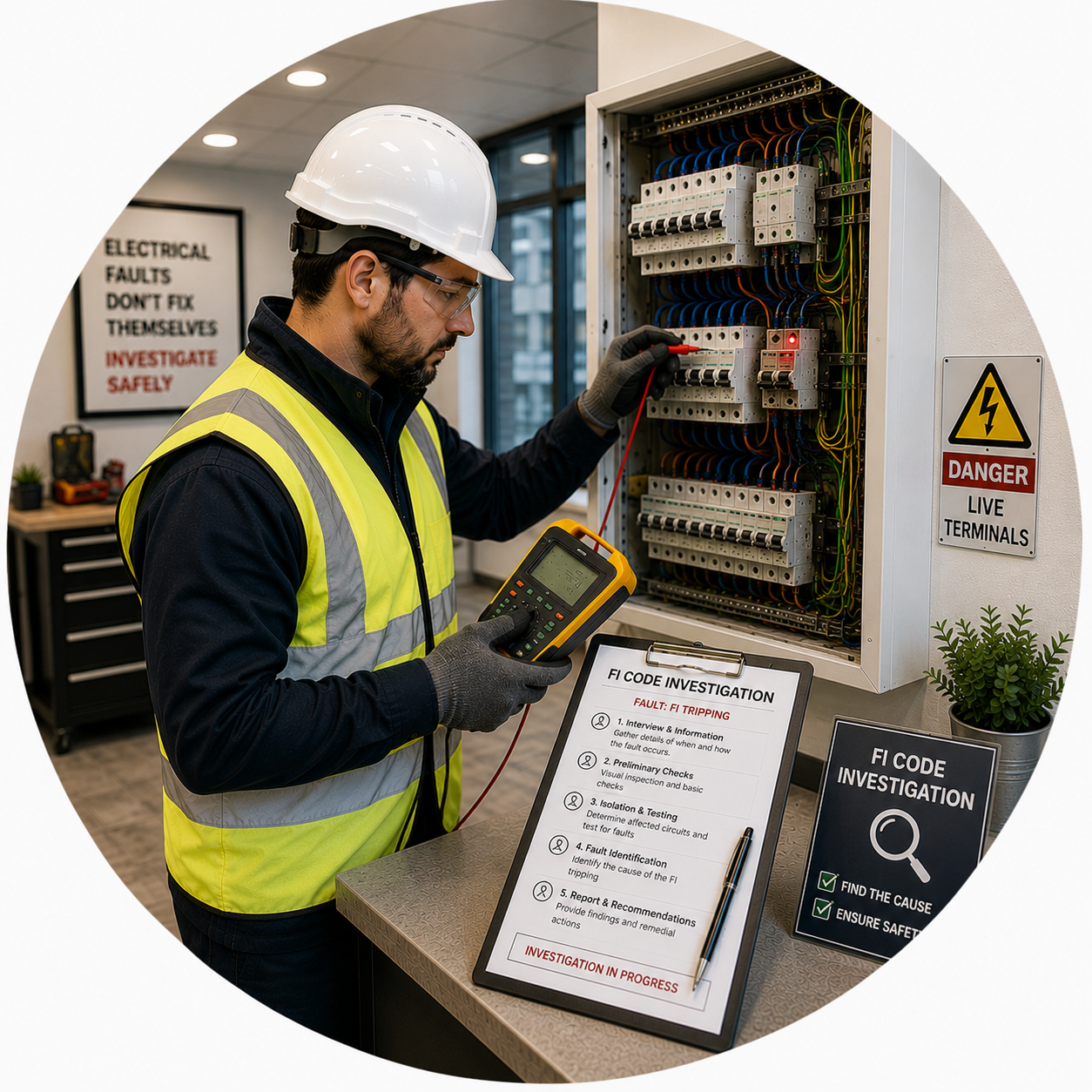 Electrician carrying out an FI Code Investigation during a Commercial EICR Problems Manchester assessment.