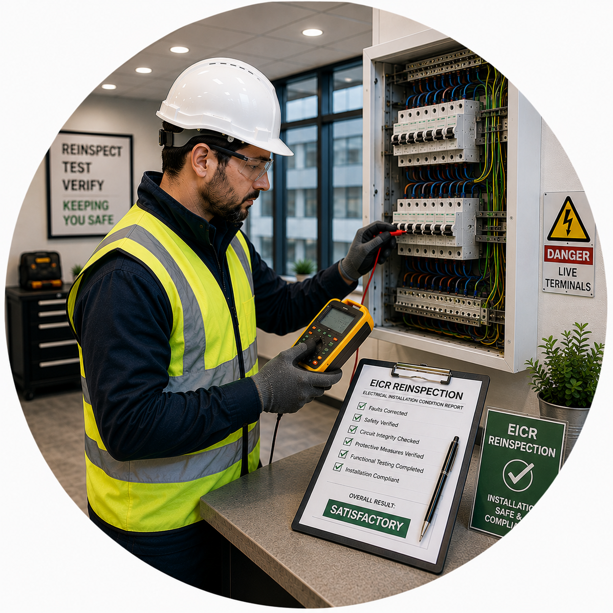 Qualified electrician performing an EICR reinspection after remedial work for Commercial EICR Problems Manchester.