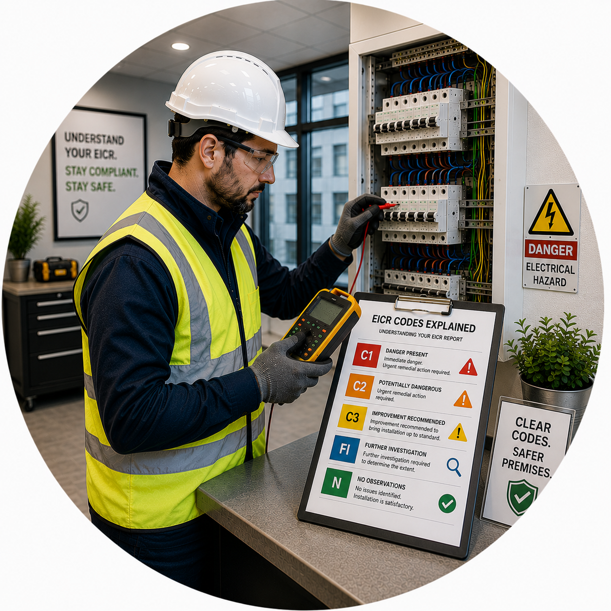 Qualified electrician reviewing EICR observation codes in our Commercial EICR Guides Manchester.