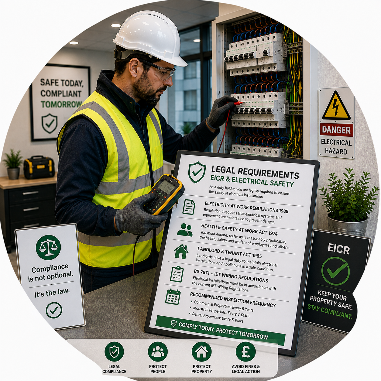 Professional electrician explaining EICR legal requirements in our Commercial EICR Guides Manchester.