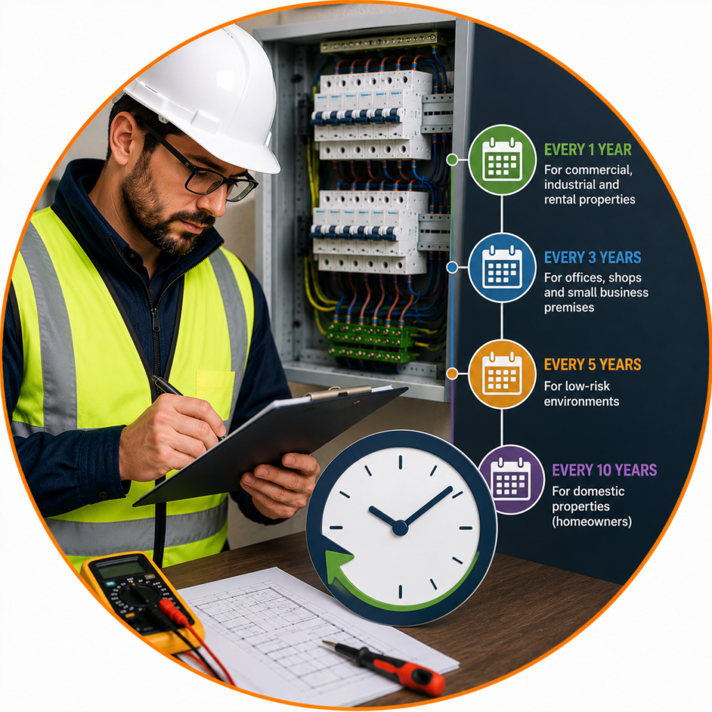 Electrical inspection intervals guide for residential, rental and commercial properties.