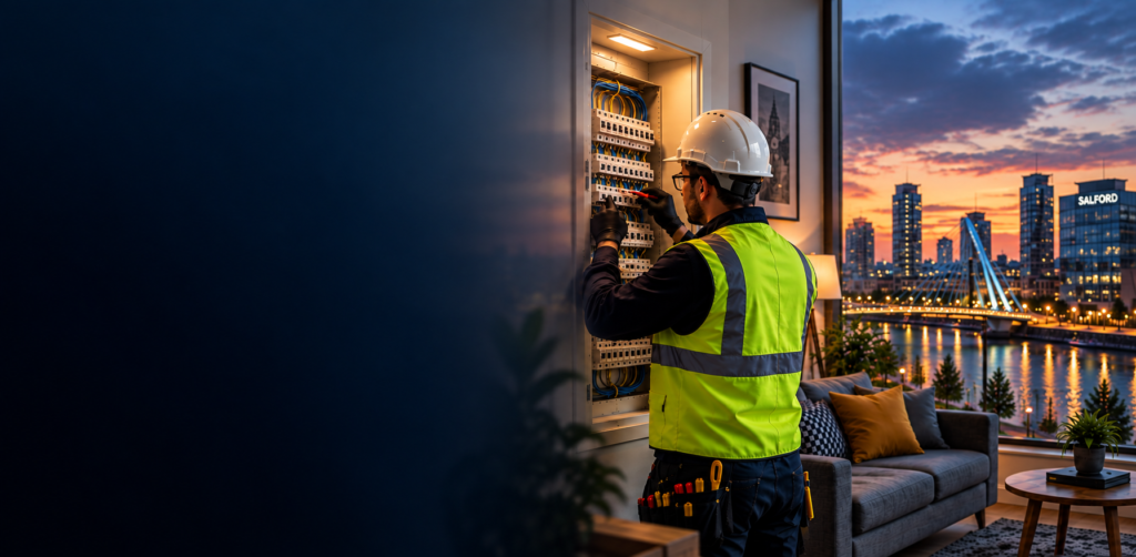EICR inspection in Salford with an electrician inspecting an electrical distribution board, providing professional testing and clear electrical safety reporting.