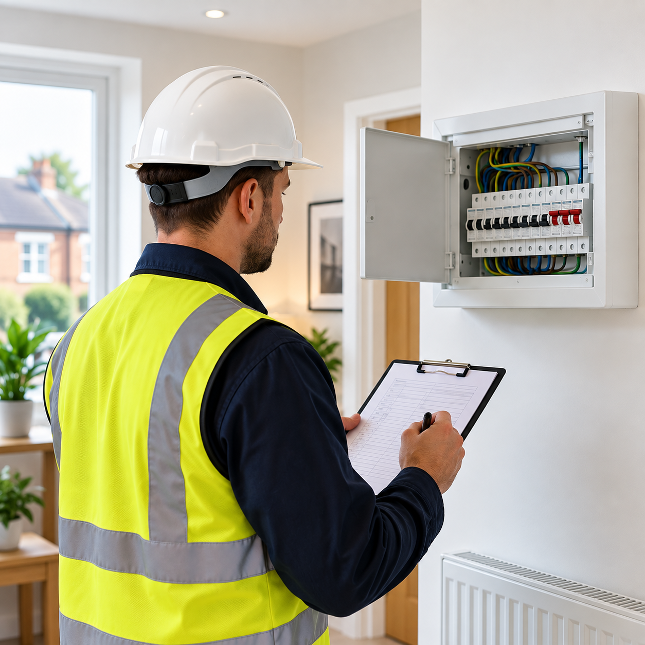Landlord EICR Manchester electrician inspecting a rental property consumer unit