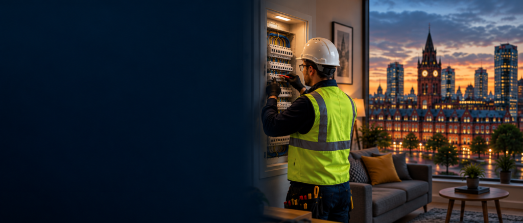 EICR Inspection Manchester electrician inspecting an electrical consumer unit with Manchester skyline visible in the background