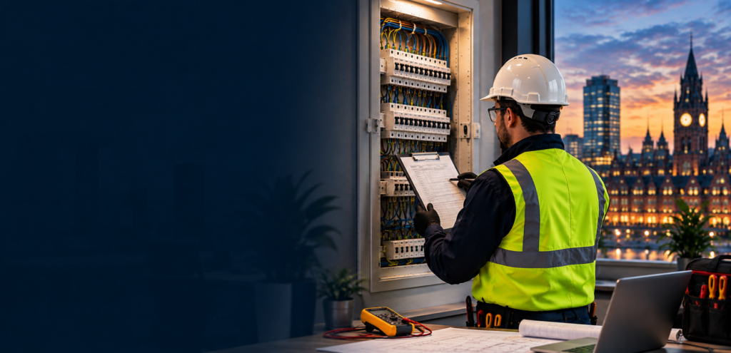 Commercial EICR services Manchester – electrician inspecting and testing a commercial electrical distribution board with an EICR report.